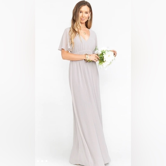 Show me your MUMU Emily Empire Maxi Dress in Dove Grey Chiffon - Picture 1 of 8